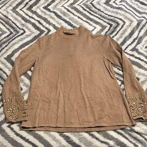 Chico's Tan Mock Neck Sweater with Beaded Cuffs